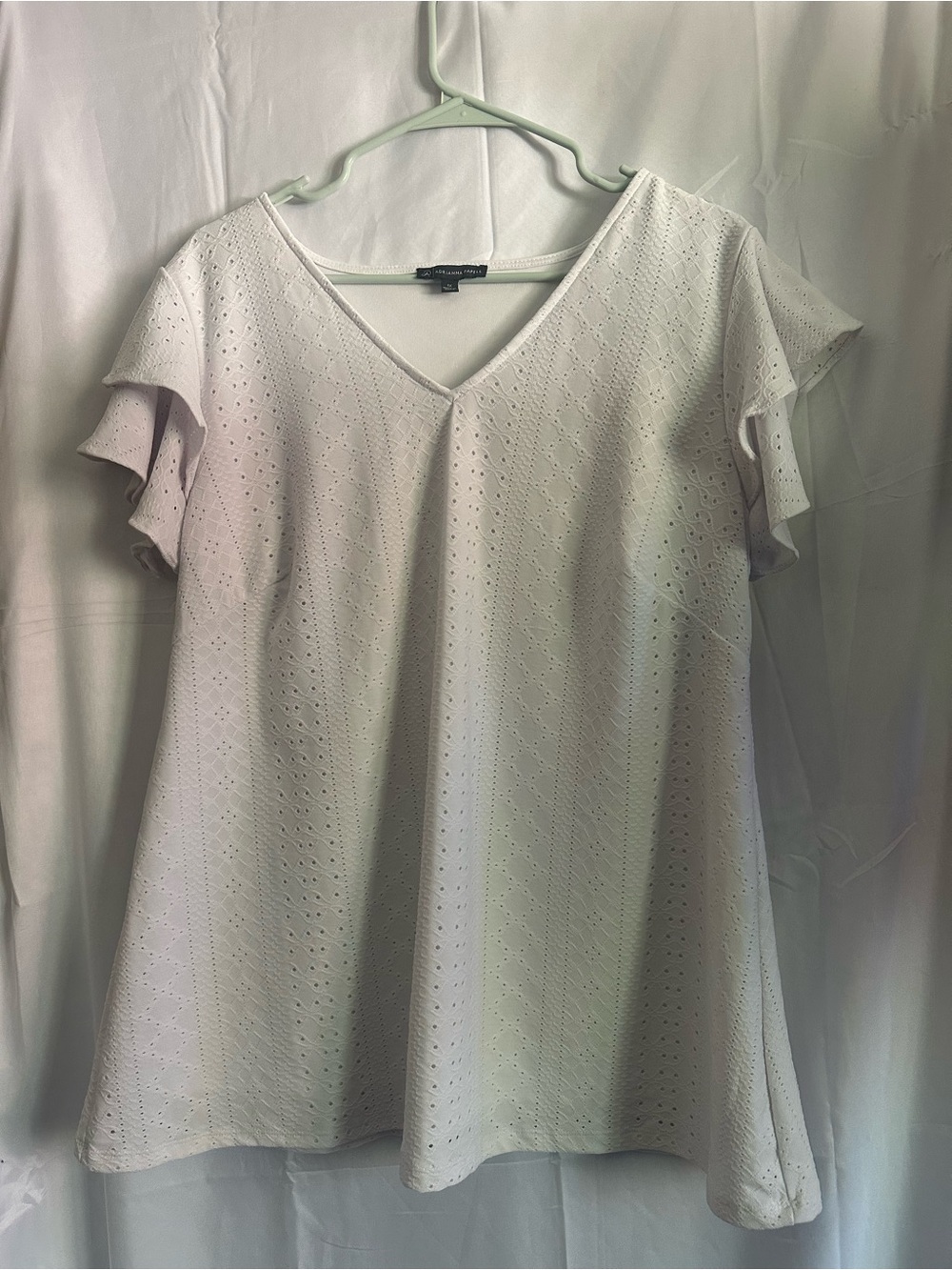 Adrianna Papell White Eyelet V-Neck Flutter Sleeve Top